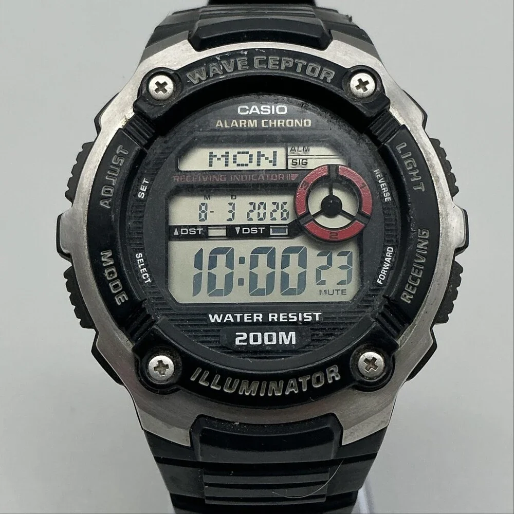 Casio Wave Ceptor WV-200A Mens Watch 48mm Digital Black Silver Tone Day Date